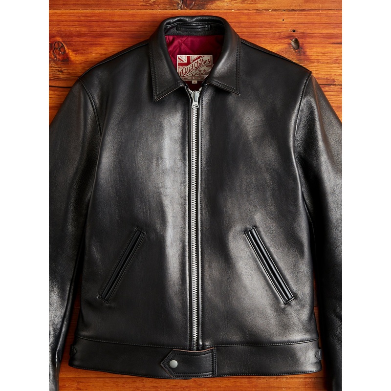 AD-01 Sheepskin Leather Center Zip Jacket in Black