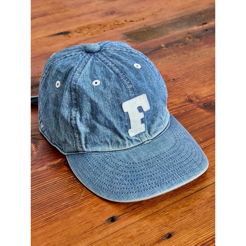 Distressed Patch Denim Baseball Cap in Indigo Blue