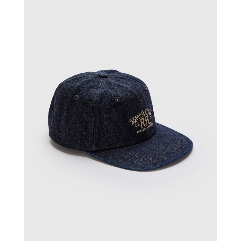 Double RL Logo Sportsman Cap in Rinsed Denim