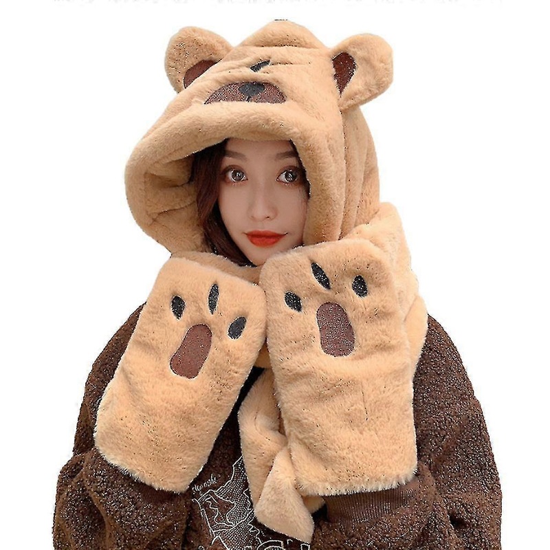 Hooded Scarf Winter Winter Hat Scarf Gloves Set For Women Bear Ear Hat Scarf-khaki | Fruugo SG