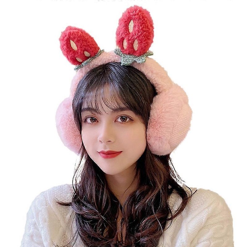 Women Student Winter Fluffy Plush Earmuffs Cute Cartoon 3D Strawberry Ears Earflap Foldable Portable Ear Warmers Covers  PINK | Fruugo SG