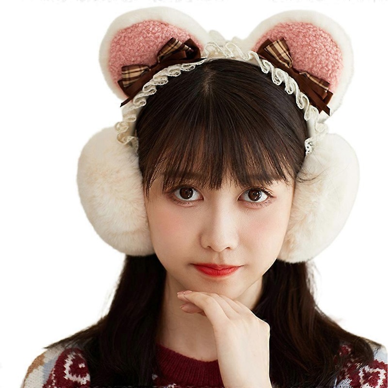 Winter Earmuffs For Girls Lolita Earmuffs Bear Ear Bow Knot Headband For Women Soft Faux Fur Plush Fluffy Earcap  White | Fruugo SG