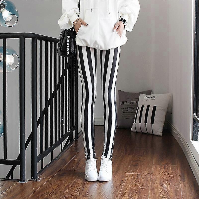 Womens Mid Rise Ankle Length Stretchy Leggings Black White Vertical Striped Prin | Fruugo SG