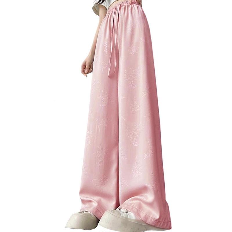Womens Satins Textured Drawstring High Waist Trousers Fashionable Vintage Flower Pattern Casual Loose Wide Leg Pants  Pink M | Fruugo SG
