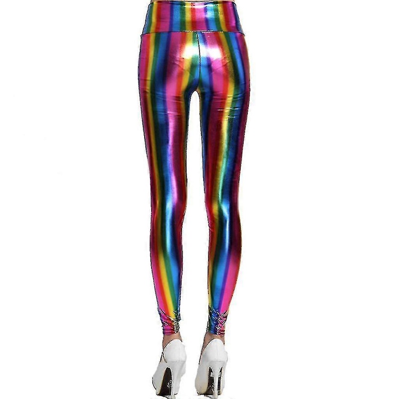 Womens Hologram Metallic Rainbow Leggings Glitter Neon Tights Stripes Printed | Fruugo SG