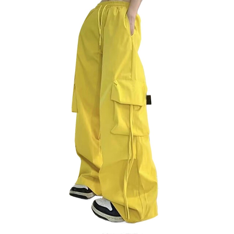 Womens Solid Drawstrings Elasticated Waist Baggy Cargo Pant Wide Leg Flap Pockets Straps Loose Parachutes Trousers  Yellow XL | Fruugo SG