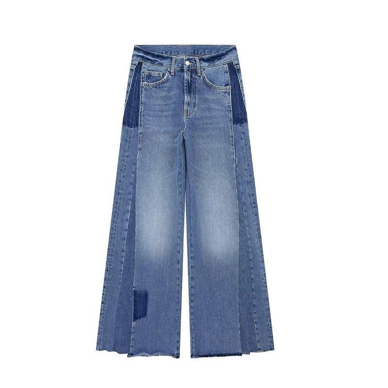 2023 Streetwear Retro Washed Blue Color Matching Denim Jeans for Women Pants Spring Summer Middle Waist Patchwork Wide Leg Jeans | Fruugo SG