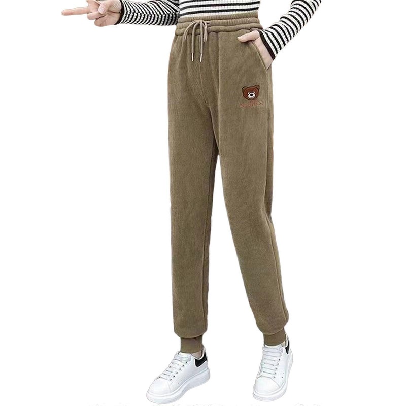Women’s Corduroy Sweatpants Thermal Joggers Winter Workout Running Pants Bear Embroidery Warm Fleece Pants  Oatmeal color XL | Fruugo SG
