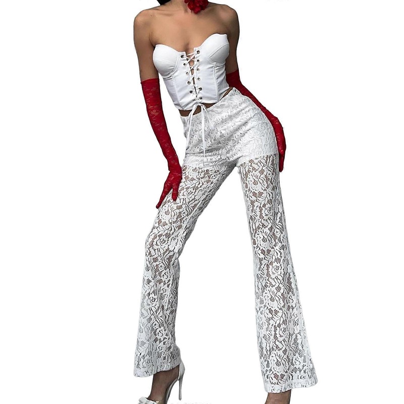 Womens Hollowed Out Flower Lace Elastic High Waist Sheer Pant Sexy See Through Mesh Wide Leg Straight Long Trousers  White S | Fruugo SG