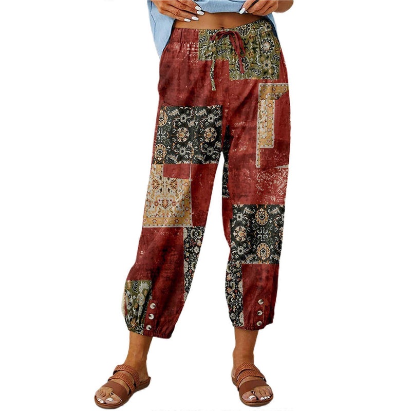 Womens Soft Cotton Linen Pants Casual Elastic Waist Loose Jogger Pants ,Spring Summer Floral Print Thin Pants  Red L | Fruugo SG