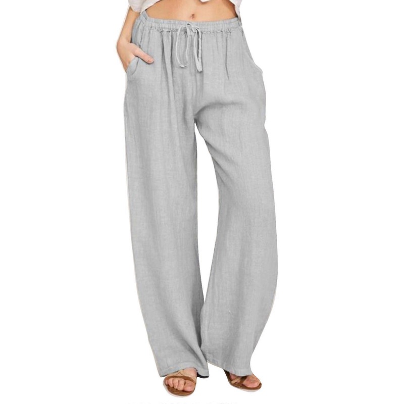 Womens Spring Summer Linen Trousers Loose Solid Color Casual Beach Home Lounge Drawstring Wide Leg Pants with Pockets  light grey M | Fruugo SG