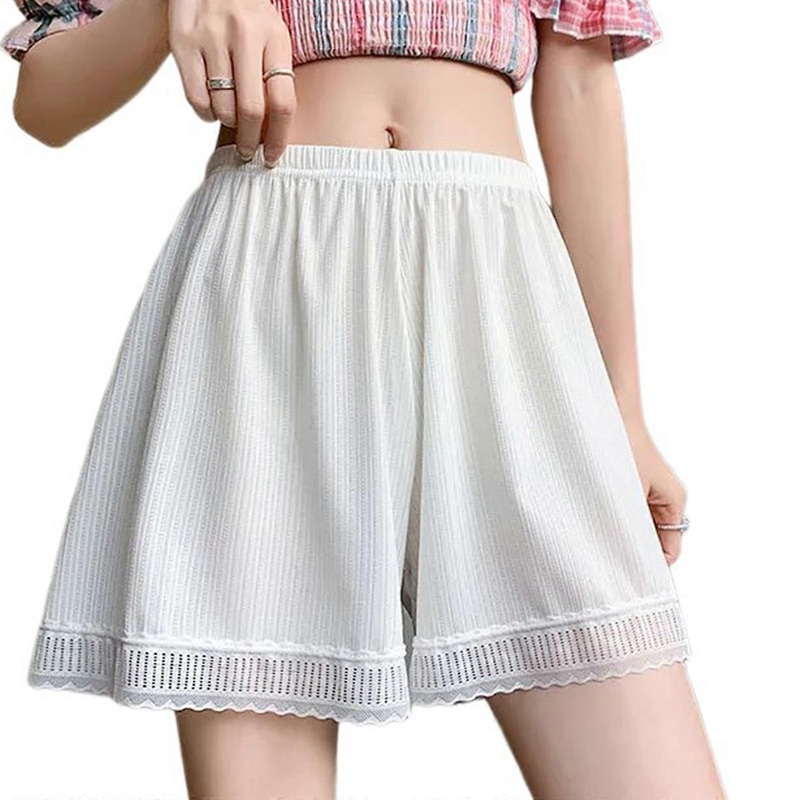 Womens Summer Ice Silk Lace Edge Half Slips Shorts Elastic Waist Wide Leg Safety Pant Underpants Solid Color Pettipants  White PS | Fruugo SG