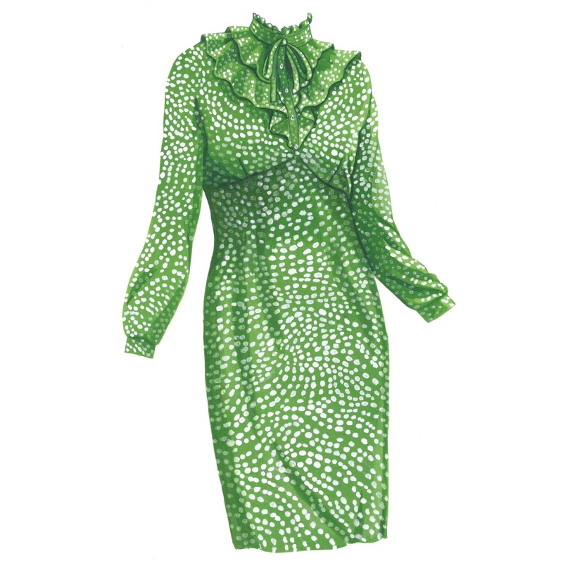 Mrs. Post’s Ruffle Neck Dress|Green White Dot|0|2|4|6|8|10|12|14|16|18