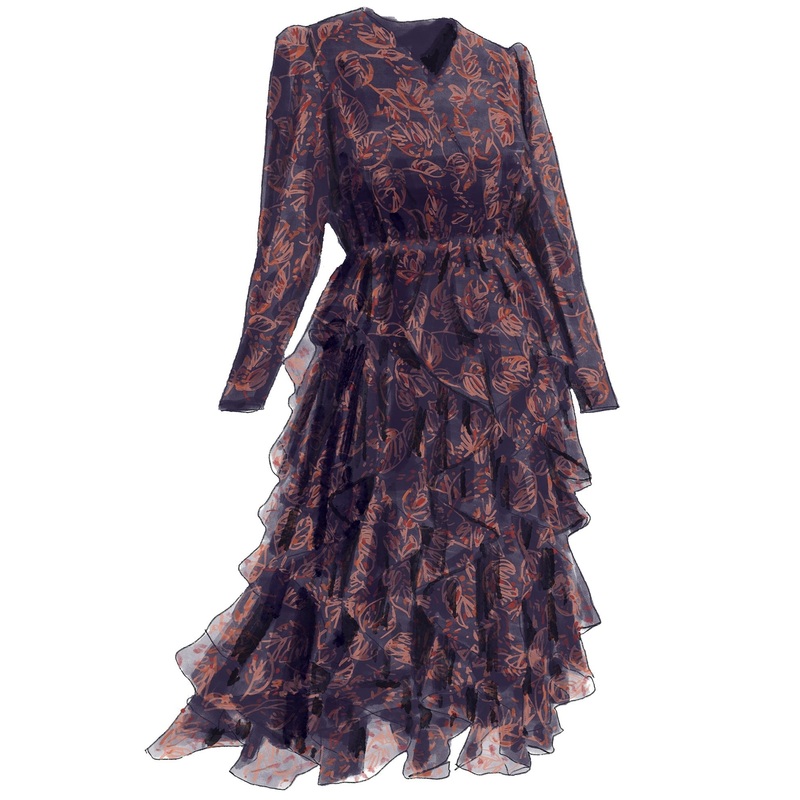 Ruffle Chiffon Dress|Navy Leaf|0|2|4|6|8|10|12|14|16|18|20|22