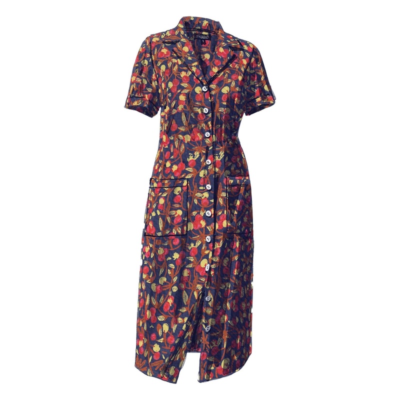 Fruit Button-Down Dress|Navy Cherry|Cherry Print|Yellow Blue|X Small|Small|Medium|Large|X Large|XX Large