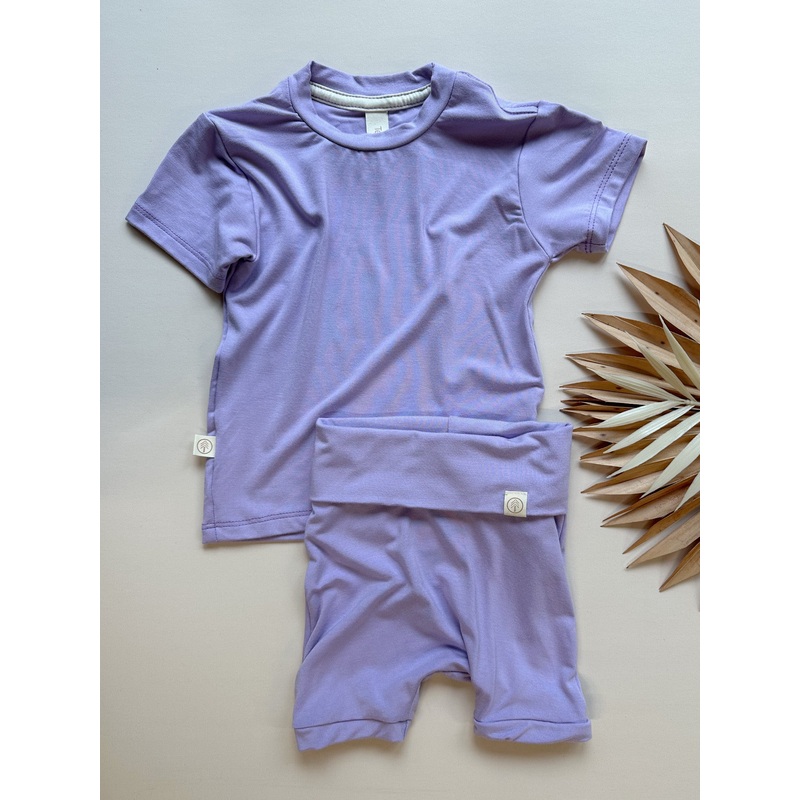 Fold Over Shorties and Short Sleeve Tee Set | Lilac | Luxury Bamboo