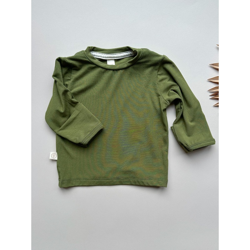 0/3m, 3/6m | Long Sleeve Crew Neck Tee with Mittens | Baby & Toddler | Luxury Bamboo | Olive