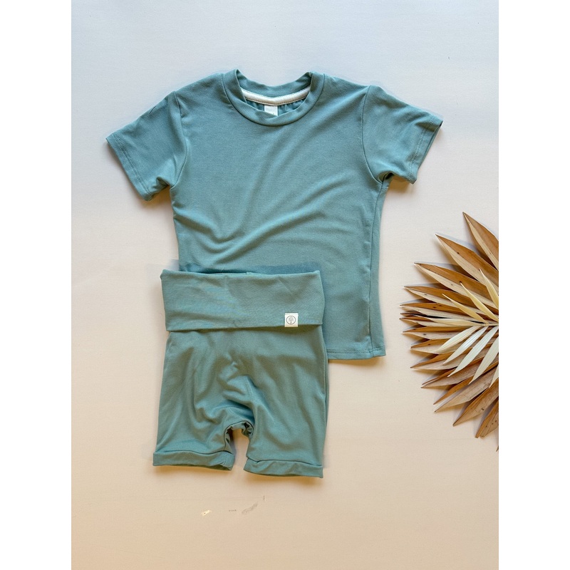 Fold Over Shorties and Short Sleeve Tee Set | Seafoam | Luxury Bamboo