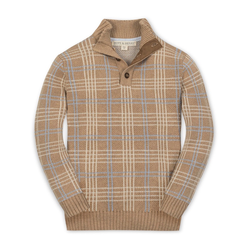Organic Mock Neck Sweater|X-Small|Small|Medium|Large|X-Large|Camel Heather Plaid Intarsia