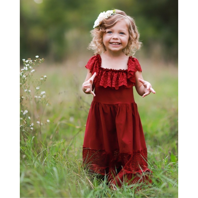 Clara Cotton & Lace Flutter Maxi Dress – Wine