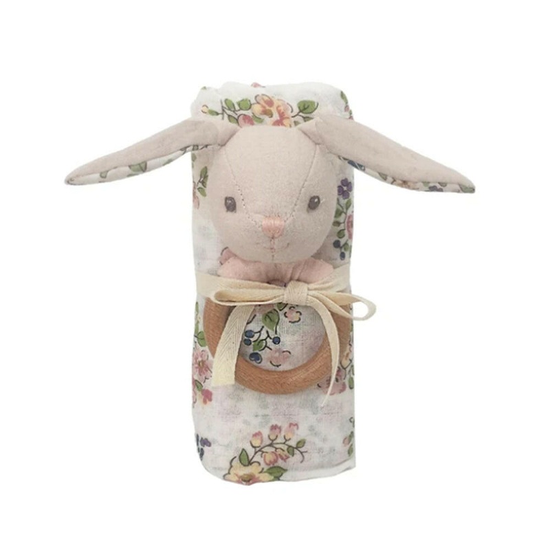 FLORAL MUSLIN AND BUNNY WOOD RATTLE GIFT SET