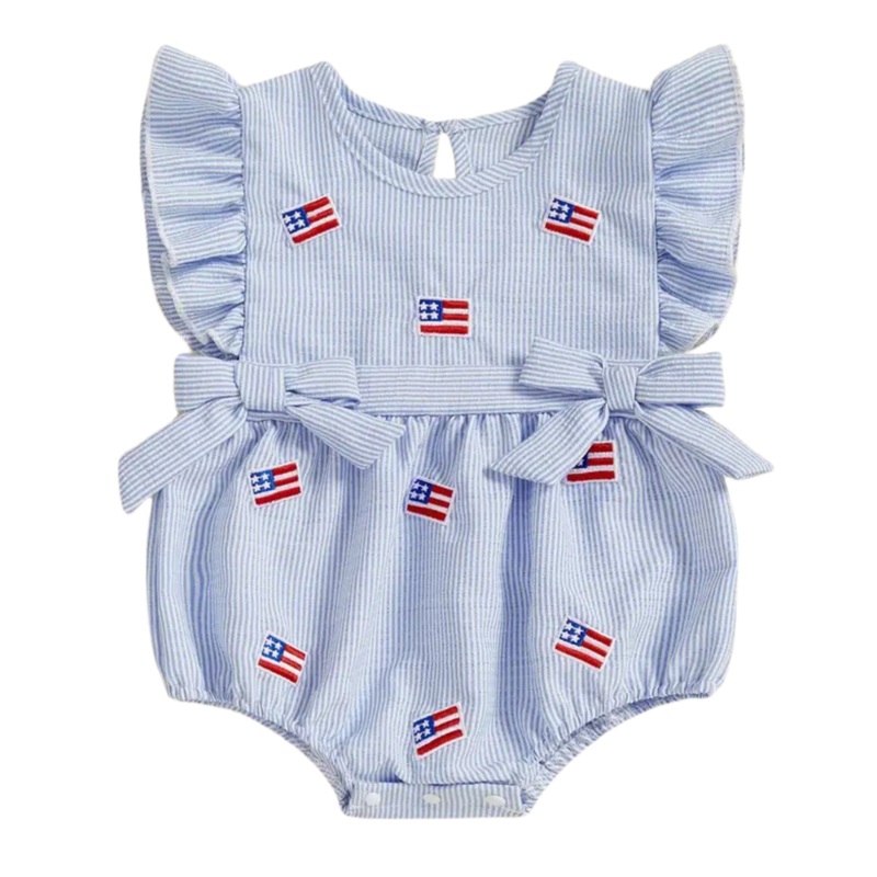 4th of July Embroidered Flag Print Baby Girl Bubble Romper