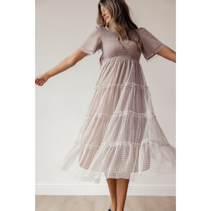 Kotie Gingham Chiffon Dress|LightGray|S|M|L|XL