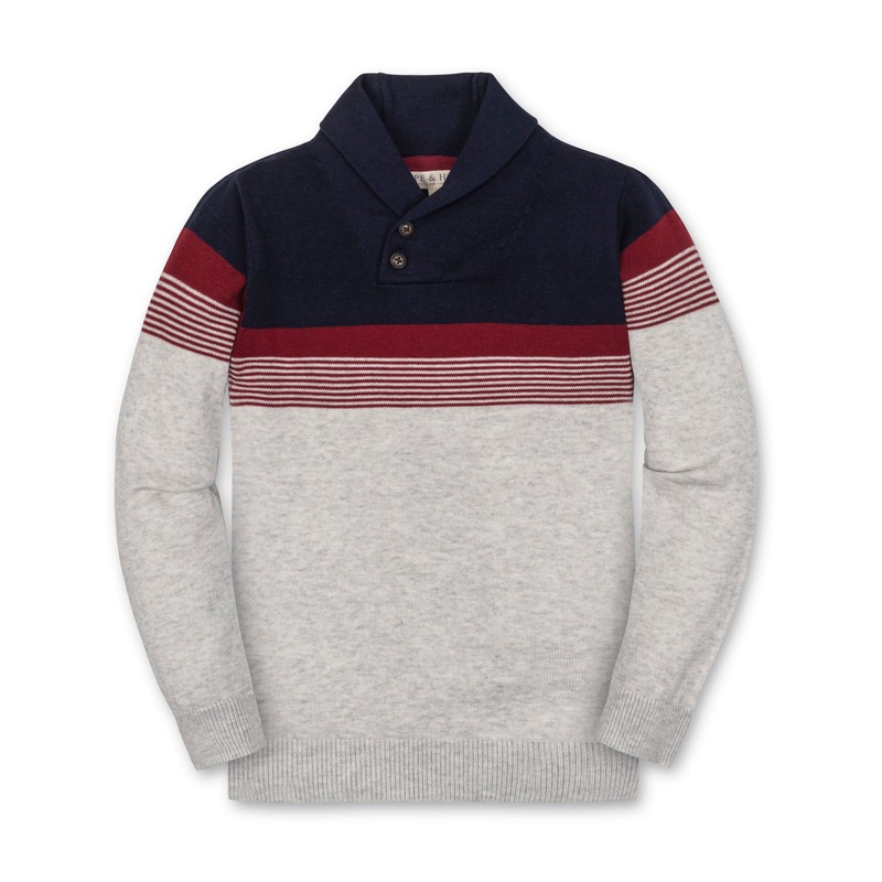 Organic Shawl Collar Sweater|XX-Small|X-Small|Small|Medium|Large|X-Large|Navy and Light Gray Chest Stripe