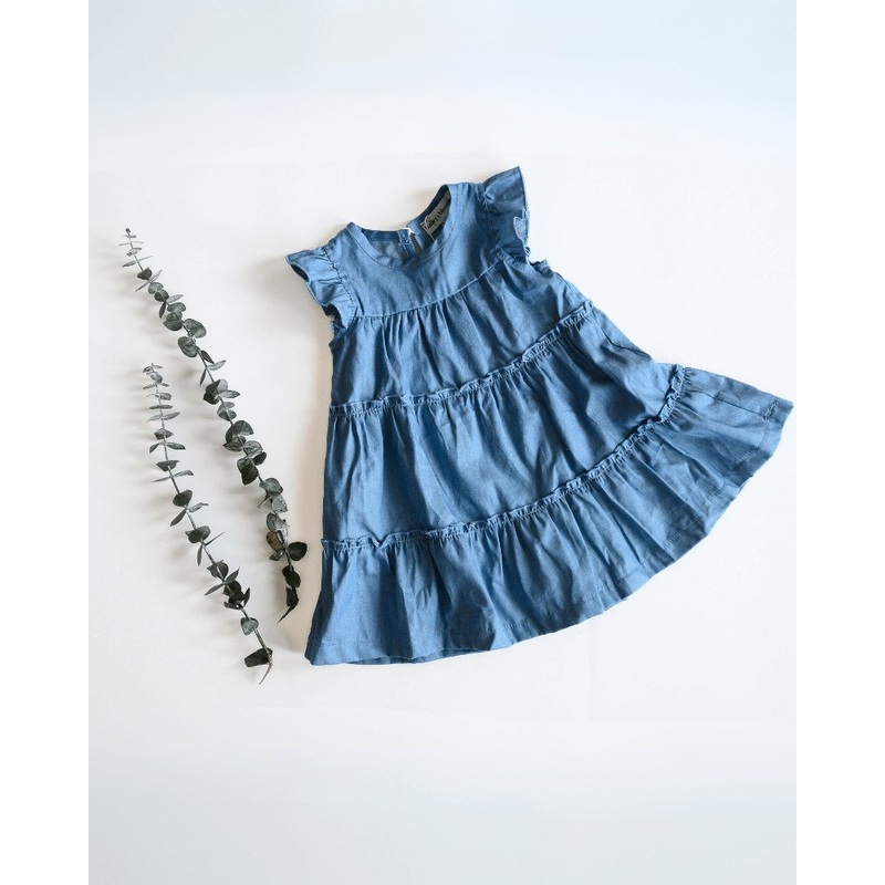 Georgie Tiered Flutter Sleeve Dress – Light Denim