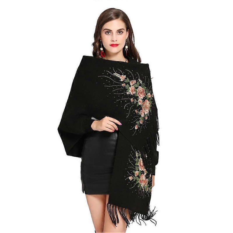 Black Firnged Hem Shawl Wrap with Flower Embroidery Long Sleeve Cardigan Loose Cape for Lady | Fruugo SG