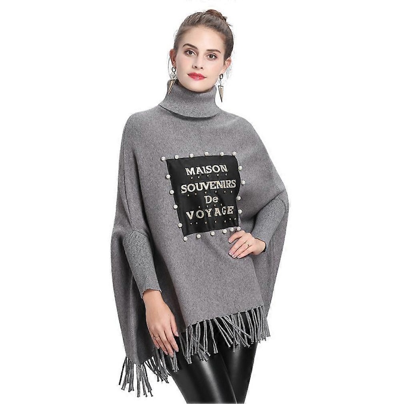 Grey Loose Turtleneck Pullover Wrap Shawl Batwing Blouse with Tassel Knitting Cape for Lady | Fruugo SG