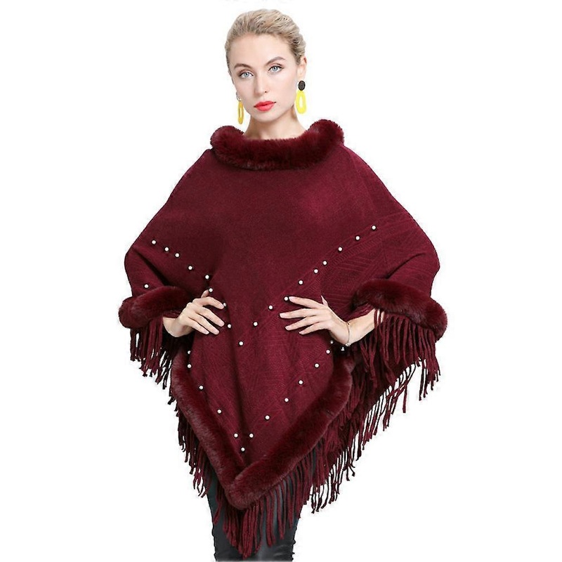Loose Jacquard Pullover Wrap Shawl with Faux Fur Trimming Loose Blanket with Bead for Lady | Fruugo SG