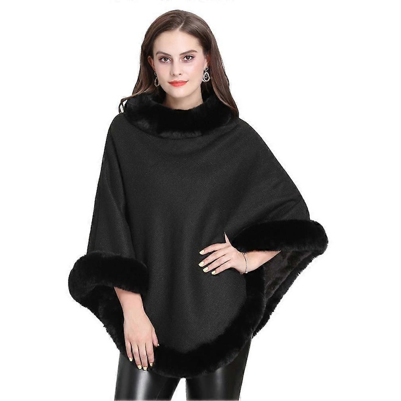 Loose Shawls with Faux Fur Trimming Elegant Cape with Collar for Lady Black | Fruugo SG