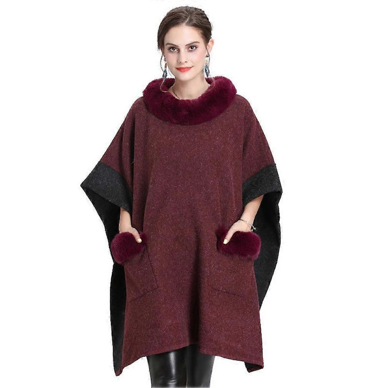 Loose Warm Shawls with Faux Fur Trimming Elegant Cape with Collar for Lady | Fruugo SG