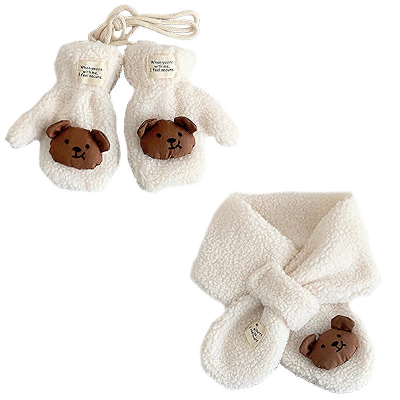 Cosy Lamb Wool Kids Scarf and Gloves Set Baby Winter Essential with Cartoon Bear Designing for Warmth In Cold Weather  White | Fruugo SG