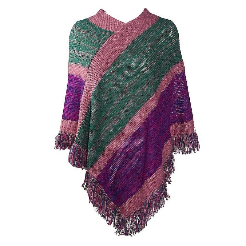 Women Ethnic Knitted Pashmina Poncho Cape Color Block Striped Tassels Pullover Sweater V-Neck Winter Warm Shawl Wrap Top  Purple | Fruugo SG