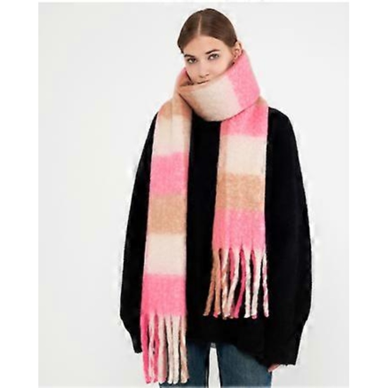 Women’s faux wool plaid fringe rainbow scarf, winter warm long scarf shawl-beige pink brown plaid | Fruugo SG