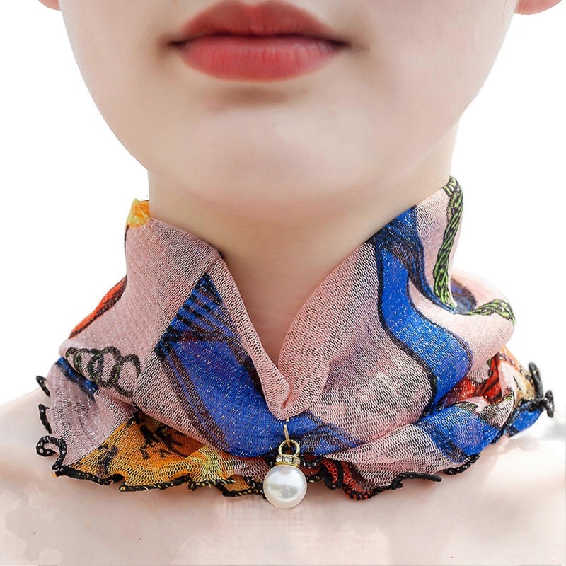 Women Sunscreen Neck Collar Faux Pearl Decor Organza Chiffon Scarf Printing Sheer Trim Loop Scarf Neck Accessory | Fruugo SG