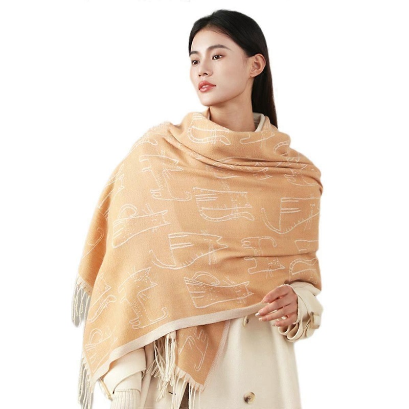 Fashion Women Polyester Neck Scarves Fall Winter Creative Cat Pattern Warm Shawl Wraps with TasselsYellow | Fruugo SG