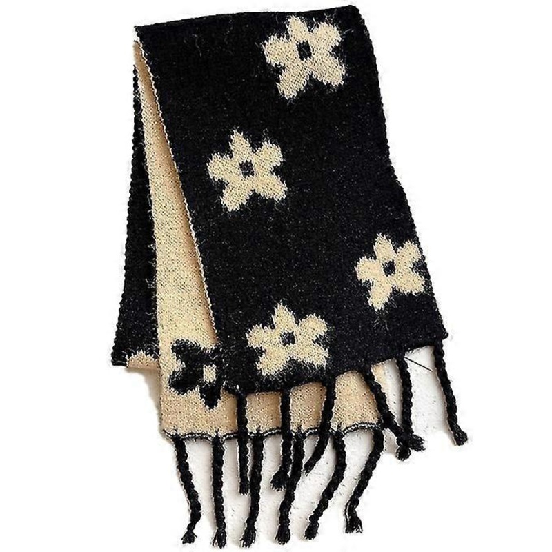 Knitted Children’s Scarf Autumn And Winter Niche Thick Braids Fringed Flowers Warm Color Matching Wild ScarfBlack | Fruugo SG