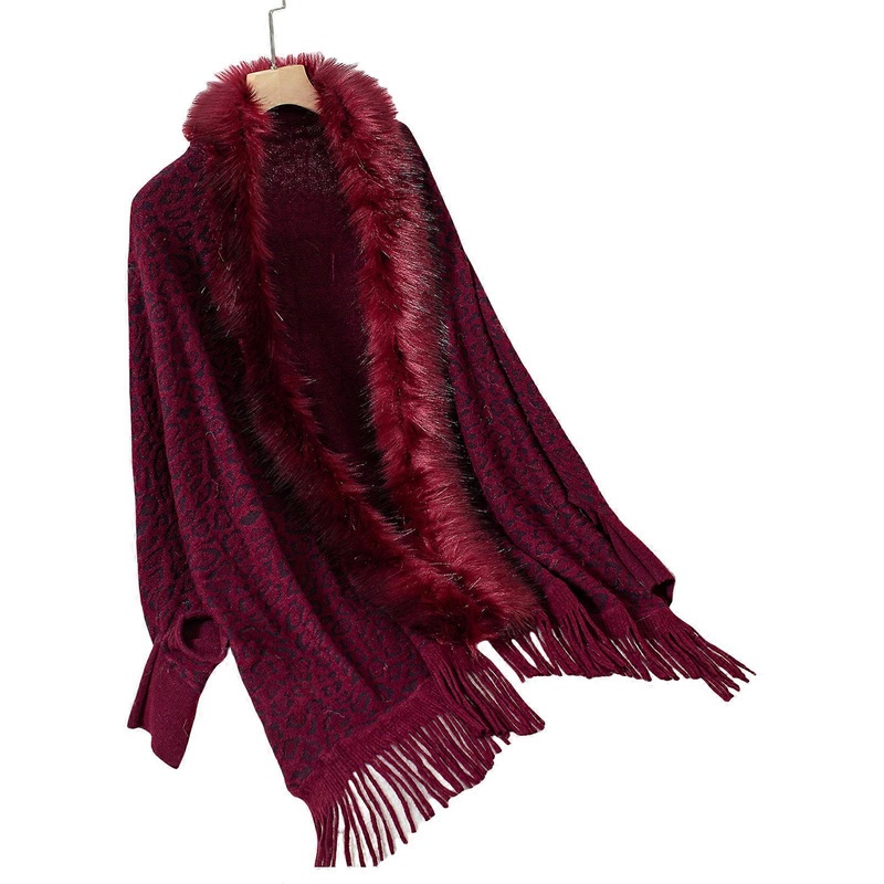 Long Batwing Sleeve Sweater Cardigan Leopard Knit Shawl Shrug Furry Collar Open Front Tassels Loose Ponchos for Women  Burgundy | Fruugo SG