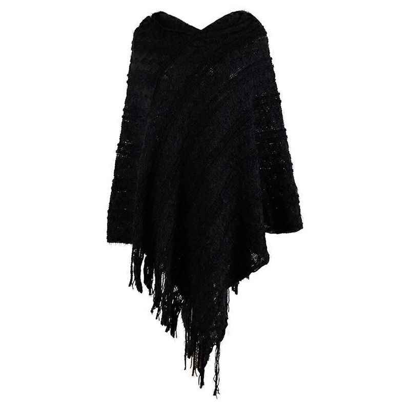 Women Pullover Hooded Poncho Cape Thick Fuzzy Knitted Striped Shawl Scarf Wrap Fringed Tassel Asymmetric Batwing Sweater  Black | Fruugo SG