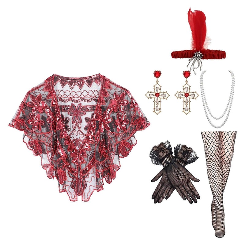 6 in 1 Complete 1920s Flapper Accessory Set with Sequined Shawl and Jewelry Set for Roaring Twenties Celebrations  Red | Fruugo SG