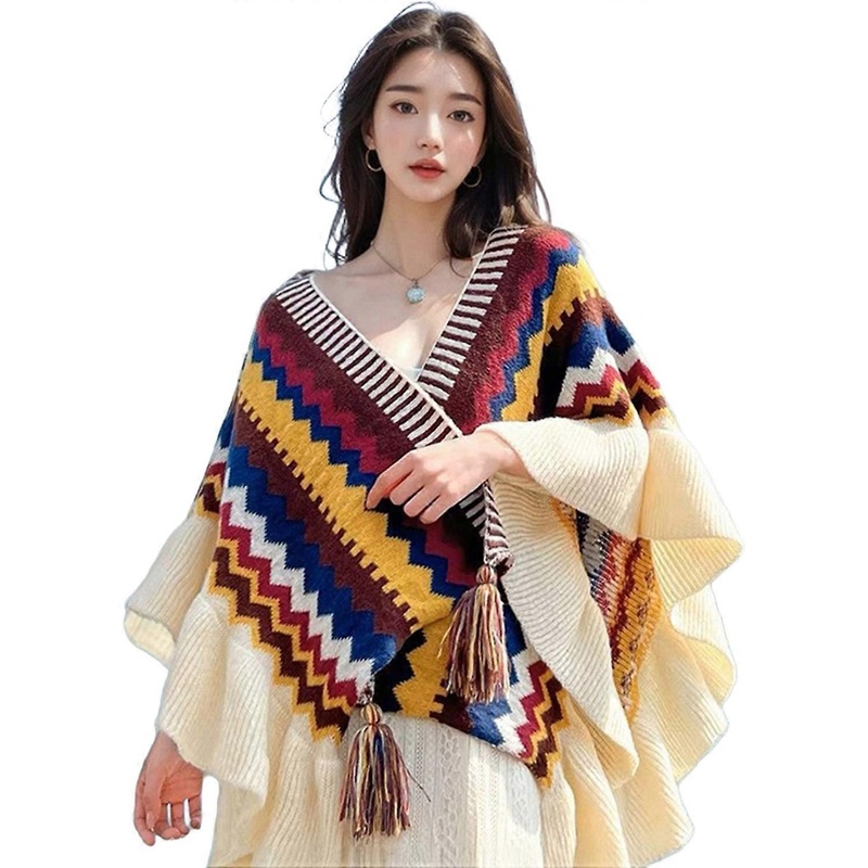 Ethnic Style Shawl Retro Colorful Stripes Print Tassel Ends Ruffle Trim Knitting Cape Travel | Fruugo SG