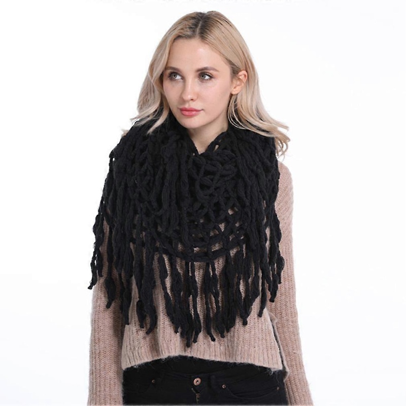 Ladies’ Solid Black Scarf Hollow-Out Shawl with Tassel Crochet Poncho | Fruugo SG