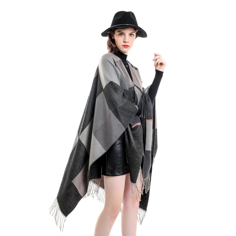 ZK-Paneled Colorful Cashmere Shawl Wrap Cardigan with Tassels (Grey) | Fruugo SG