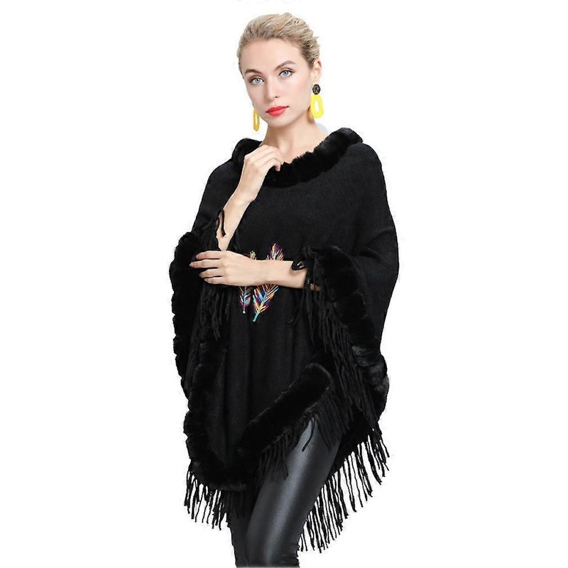 Black Embroidered Pullover Wrap Shawl with Faux Fur Trimming Loose Blanket with Tassel for Lady | Fruugo SG