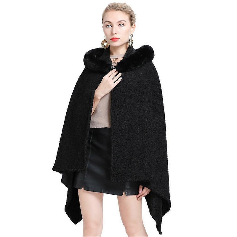 Black Loose Hoodie Shawls with Faux Fur Trimming Collar Woolen Cloth Cape for Lady | Fruugo SG