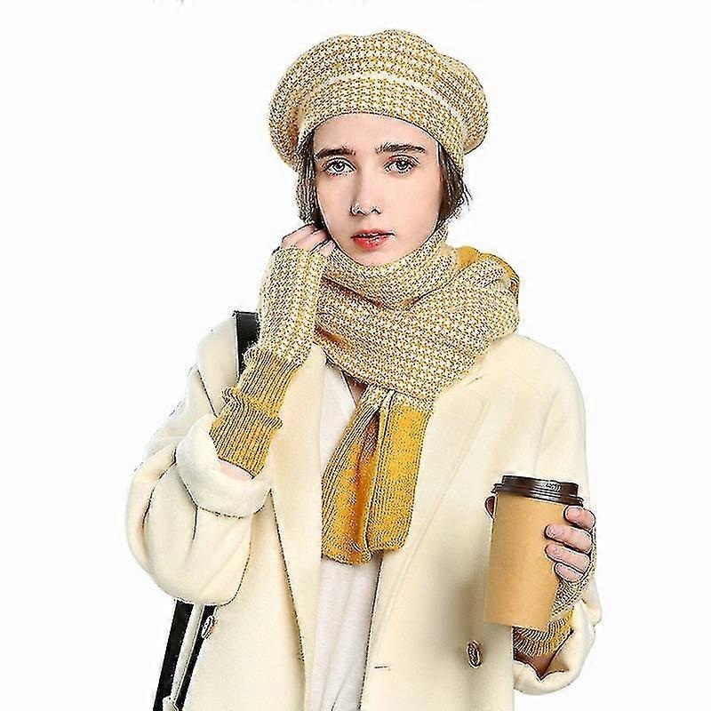 Women’s Plaid Painter Hat, Warm Hat, Scarf And Gloves Three-piece Set Yellow | Fruugo SG