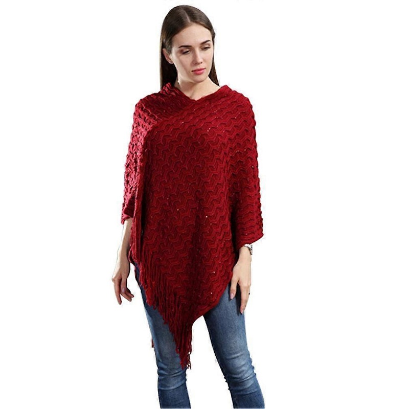 Knitting Pullover Poncho with Tassel Warm Shawl Wrap Loose Sweater Coat for Lady | Fruugo SG
